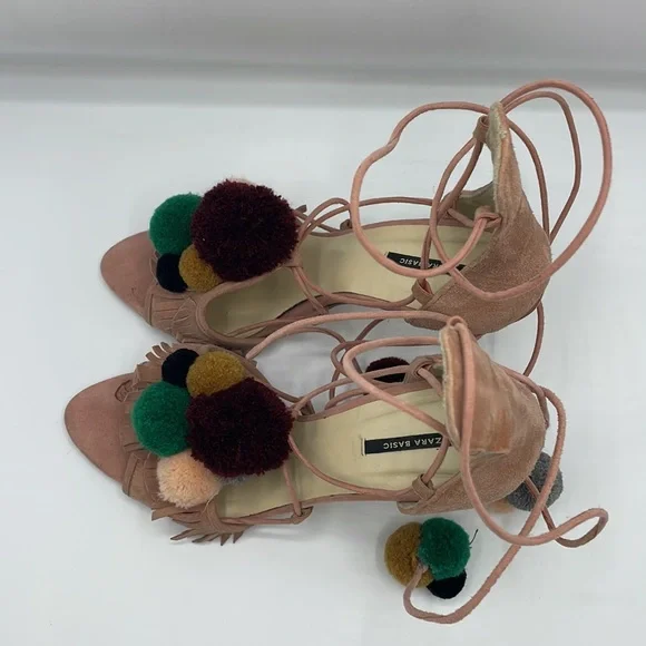 Zara Shoes Zara Pom Pom Lace Up High Heels Poshmark